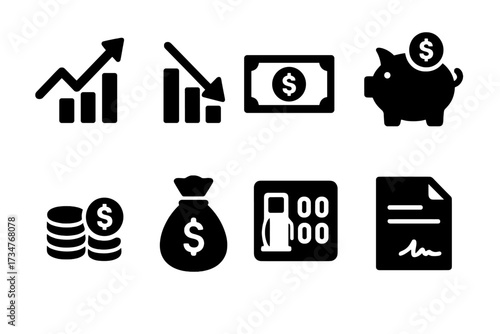Economy Icons Set. Economy. Filled icon set of Economy: rising chart, falling chart, dollar bill, piggy bank,