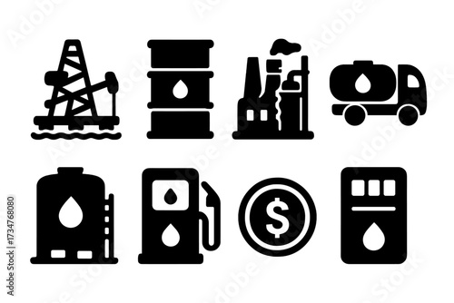 Oil Industry Icons. Oil Industry. Filled icon set of Oil Industry: oil rig, oil barrel, refinery, tanker truck