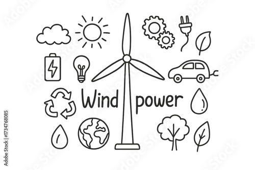 Doodle Wind Power. Wind power. Hand-drawn doodle illustration of Wind power. In the middle, one slightly