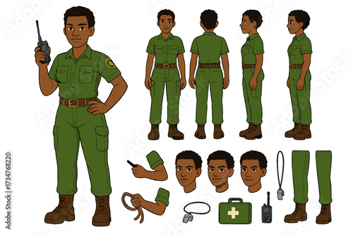 Jungle Ranger Character Kit. Cartoon realistic vector illustration, Character constructor style, isolated