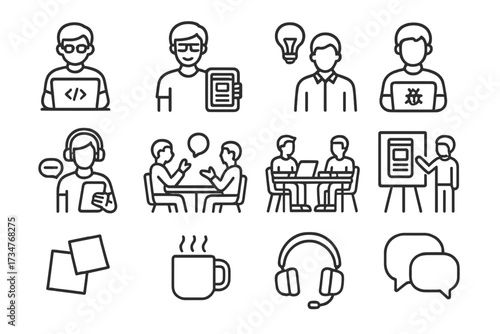 Tech Startup Team Icons. A team working on an app development project in a tech startup. Line outline icon set