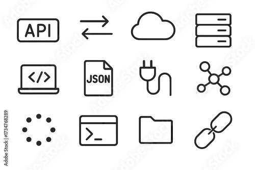Tech Startup Icons. A team working on an app development project in a tech startup. Line outline icon set of A