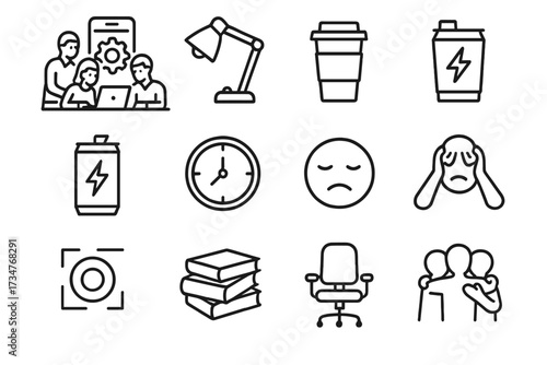 Tech Startup Icons. A team working on an app development project in a tech startup. Line outline icon set of A