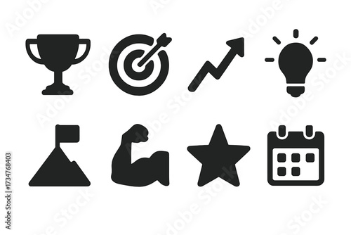 Motivation Icon Grid. Motivation. Filled icon set of Motivation: trophy, target with arrow, rising arrow,