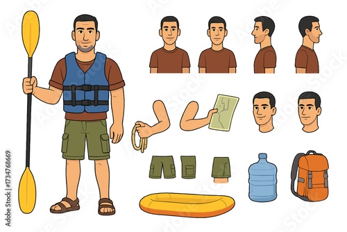Kayaker Character Design. Cartoon realistic vector illustration, Character constructor style, isolated