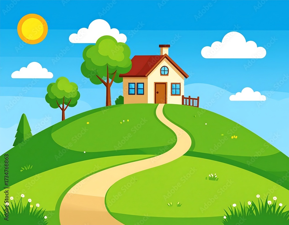 Fototapeta premium Cartoon Illustration of a Sunny Day with House on a Hill and a Winding Path