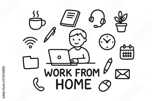 Doodle Work-From-Home Scene. Work from home. Hand-drawn doodle illustration of Work from home. In the middle,