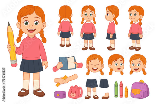 Cheerful Schoolgirl Builder. Cartoon realistic vector illustration, Character constructor style, isolated