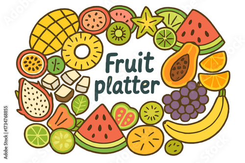 Vibrant Fruit Platter Doodle. Fruit platter. Hand-drawn doodle illustration of Fruit platter. sliced mango,
