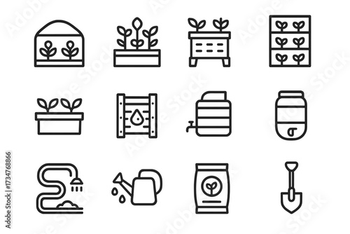 Urban Farming Icons. Urban farms. Line outline icon set of Urban farms: greenhouse, rooftop garden, vertical