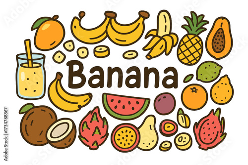 Banana Doodle Delight. Banana. Hand-drawn doodle illustration of Banana. banana bunch, peeled banana, banana
