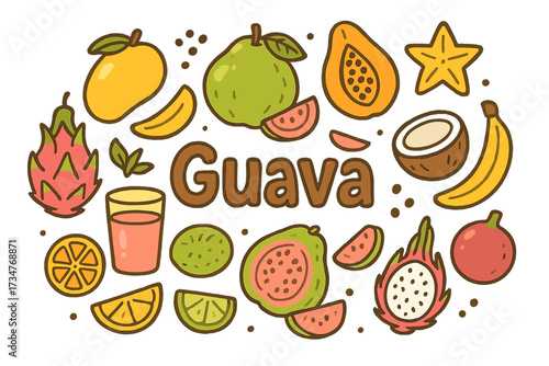 Guava Doodle Collage. Guava. Hand-drawn doodle illustration of Guava. whole guava, guava slices, guava juice