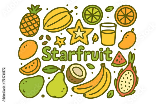 Tropical Fruit Medley. Starfruit. Hand-drawn doodle illustration of Starfruit. whole starfruit, sliced