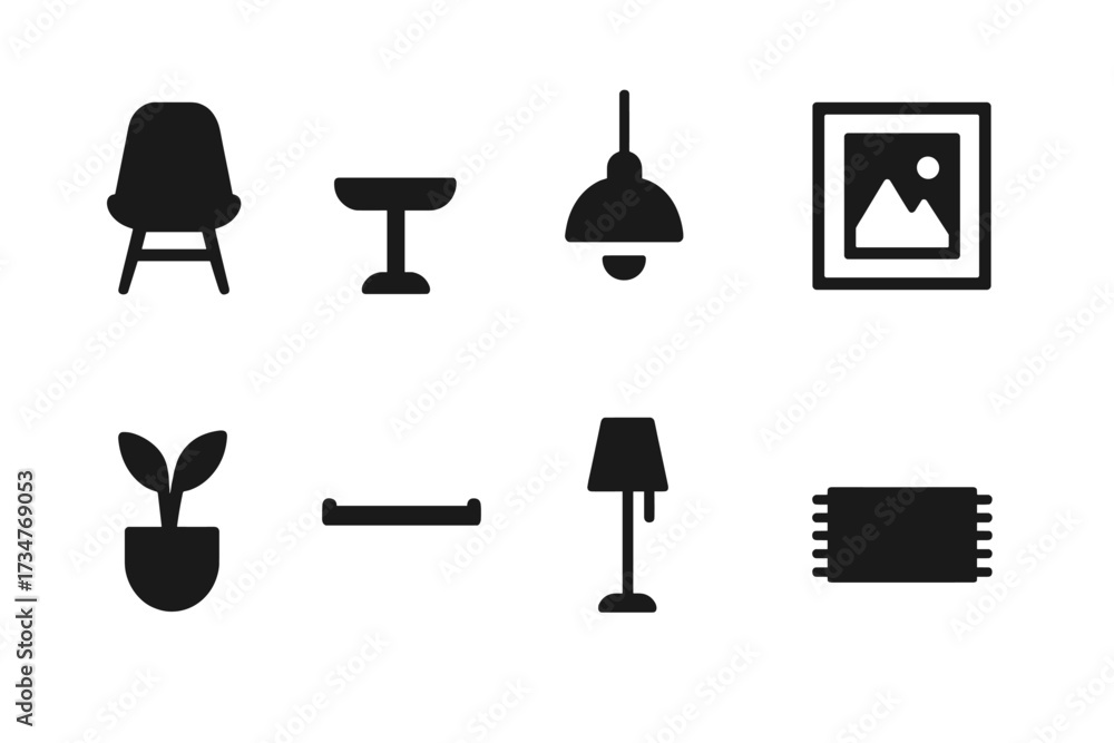 Fototapeta premium Minimalist Decor Icons. Minimalist Decor. Filled icon set of Minimalist Decor: chair, small table, pendant