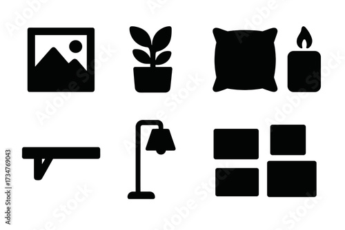 Budget Home Decor Icons. Home Decor on a Budget. Filled icon set of Home Decor on a Budget: framed print,