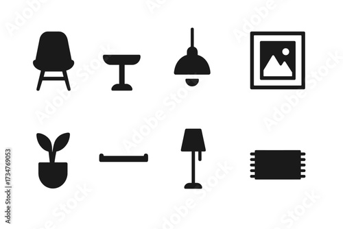 Minimalist Decor Icons. Minimalist Decor. Filled icon set of Minimalist Decor: chair, small table, pendant