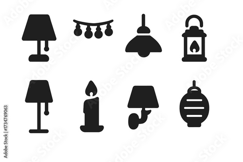 Budget Lighting Icons. Budget Lighting. Filled icon set of Budget Lighting: table lamp, string lights, pendant