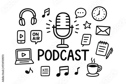 Doodled Podcast Icons. Podcast. Hand-drawn doodle illustration of Podcast. In the middle, one slightly larger