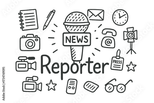 Reporter Doodle Illustration. Reporter. Hand-drawn doodle illustration of Reporter. In the middle, one