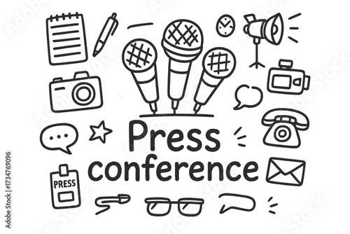 Doodle Press Conference. Press conference. Hand-drawn doodle illustration of Press conference. In the middle,