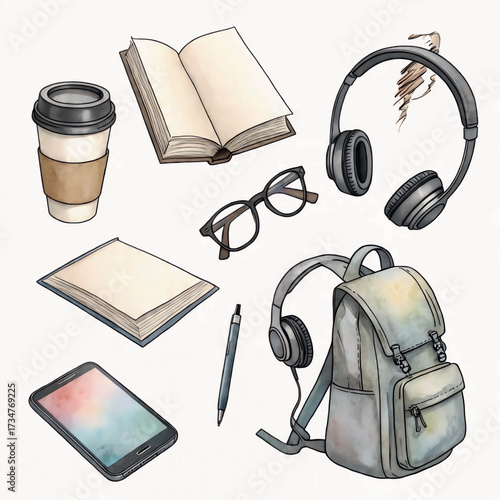 A collection of study and work essentials, including a backpack, coffee cup, headphones, tablet, book, notebook, pen, and glasses, perfect for students and professionals on the go