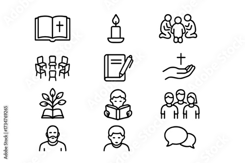Christian Community Symbols. The importance of community in Christian life. Line outline icon set of The