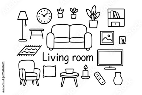 Whimsical Living Room Doodles. Living room. Hand-drawn doodle illustration of Living room. In the middle, one