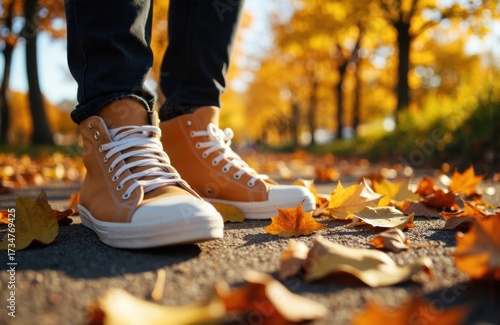 Woman wearing tan sneakers standing on autumn leaves in a park during fall season
