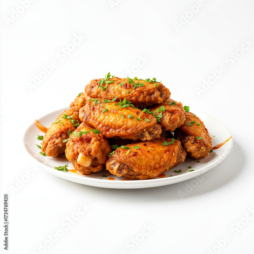 Spicy fried chicken wings on white plate isolated on white background.