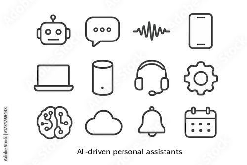 AI Assistant Icons. AI-driven personal assistants. Line outline icon set of AI-driven personal assistants:
