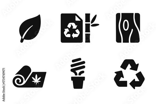 Eco Design Icons. Eco Design. Filled icon set of Eco Design: leaf, recycled paper, bamboo stalk, wooden plank,