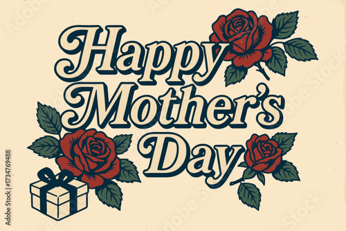 Vintage Mother's Day Card. Happy Mother’s Day. vintage serif script, shadowed outlines, aged print texture,