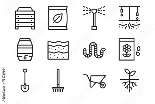 Smart Farming Icons. Smart farming technologies. Line outline icon set of Smart farming technologies: compost