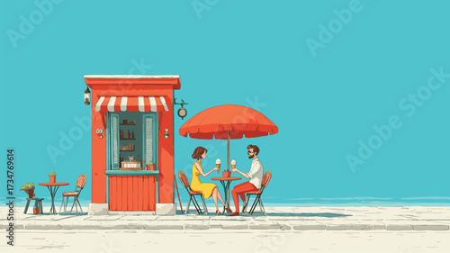 Cheerful beachside cafe with people enjoying drinks under vivid umbrella.
