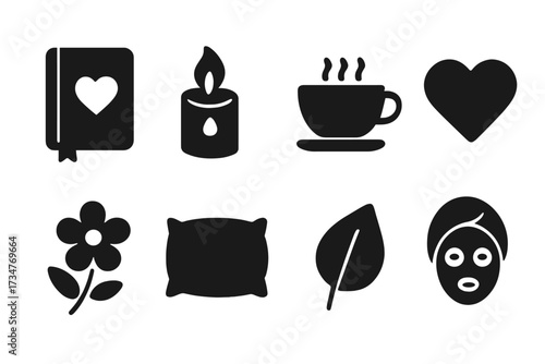 Self-Care Icon Set. Self-Care. Filled icon set of Self-Care: journal, candle, tea cup, heart, flower, pillow,
