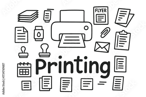 Doodle Printing Illustration. Printing. Hand-drawn doodle illustration of Printing. In the middle, one