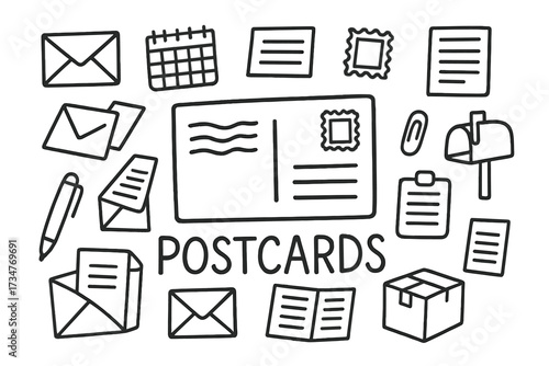 Doodle Postcards Collection. Postcards. Hand-drawn doodle illustration of Postcards. In the middle, one