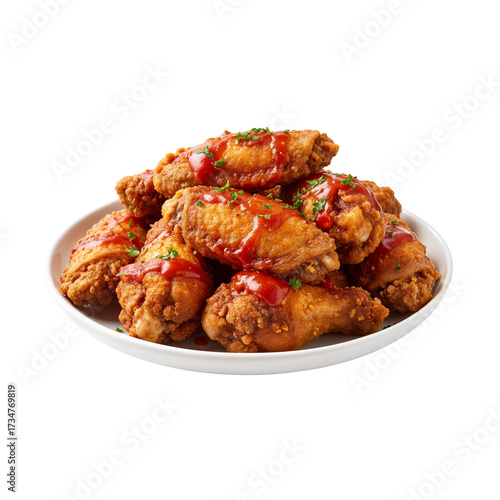 Spicy fried chicken wings with ketchup on a plate on transparent background PNG