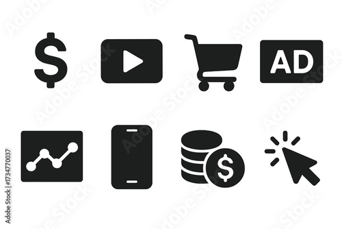 Monetization Icon Set. Content Monetization. Filled icon set of Content Monetization: dollar sign, video play