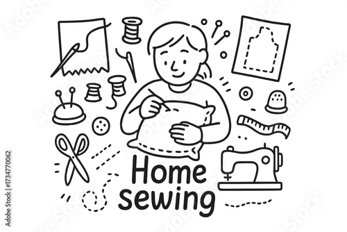 Home Sewing Doodle. Home sewing. Hand-drawn doodle illustration of Home sewing. In the middle, one slightly
