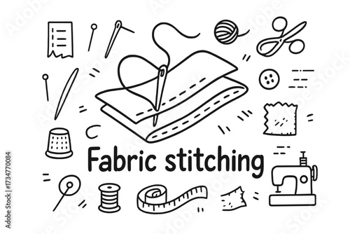 Fabric Stitching Art. Fabric stitching. Hand-drawn doodle illustration of Fabric stitching. In the middle, one