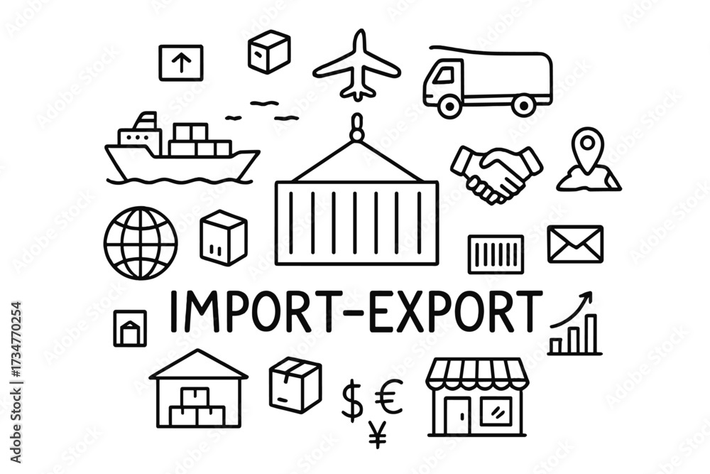Fototapeta premium Doodle Import-Export Scene. Import-export. Hand-drawn doodle illustration of Import-export. In the middle, one