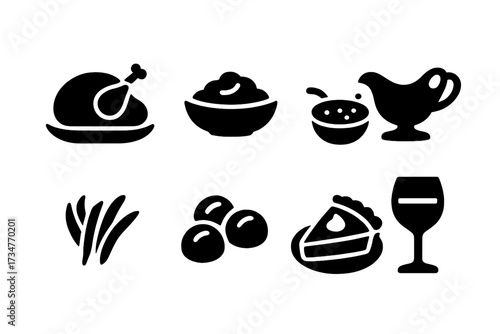 Christmas Dinner Icons. Christmas Dinner. Filled icon set of Christmas Dinner: roasted turkey, mashed potatoes