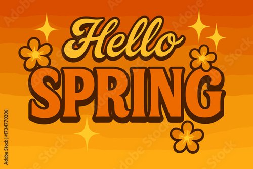 Retro Spring Glow. Hello Spring. 70s poster vibe, warm gradient fills, thick outlines, offset shadows,