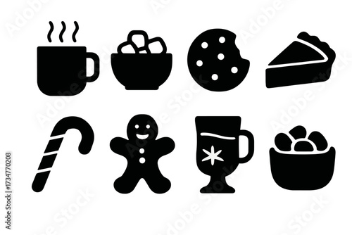 Winter Treat Icons. Winter Treats. Filled icon set of Winter Treats: hot chocolate, marshmallows, cookie, pie