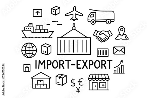 Doodle Import-Export Scene. Import-export. Hand-drawn doodle illustration of Import-export. In the middle, one