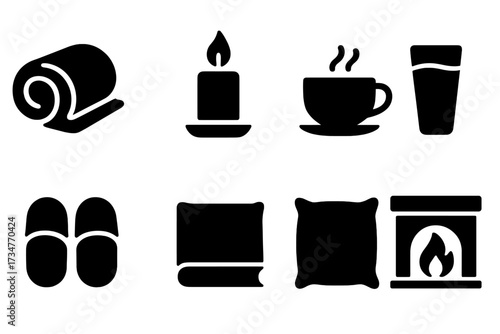 Cozy Icons Set. Cozy Moments. Filled icon set of Cozy Moments: blanket, candle, tea cup, warm milk, slippers,