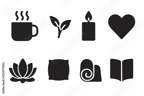 Mindful Moments Icons. Mindful Moments. Filled icon set of Mindful Moments: steaming mug, tea leaves, candle,