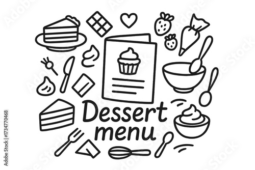 Doodle Dessert Delights. Dessert menu. Hand-drawn doodle illustration of Dessert menu. In the middle, one