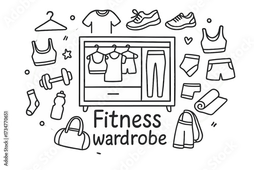 Fitness Gear Doodle. Fitness wardrobe. Hand-drawn doodle illustration of Fitness wardrobe. In the middle, one